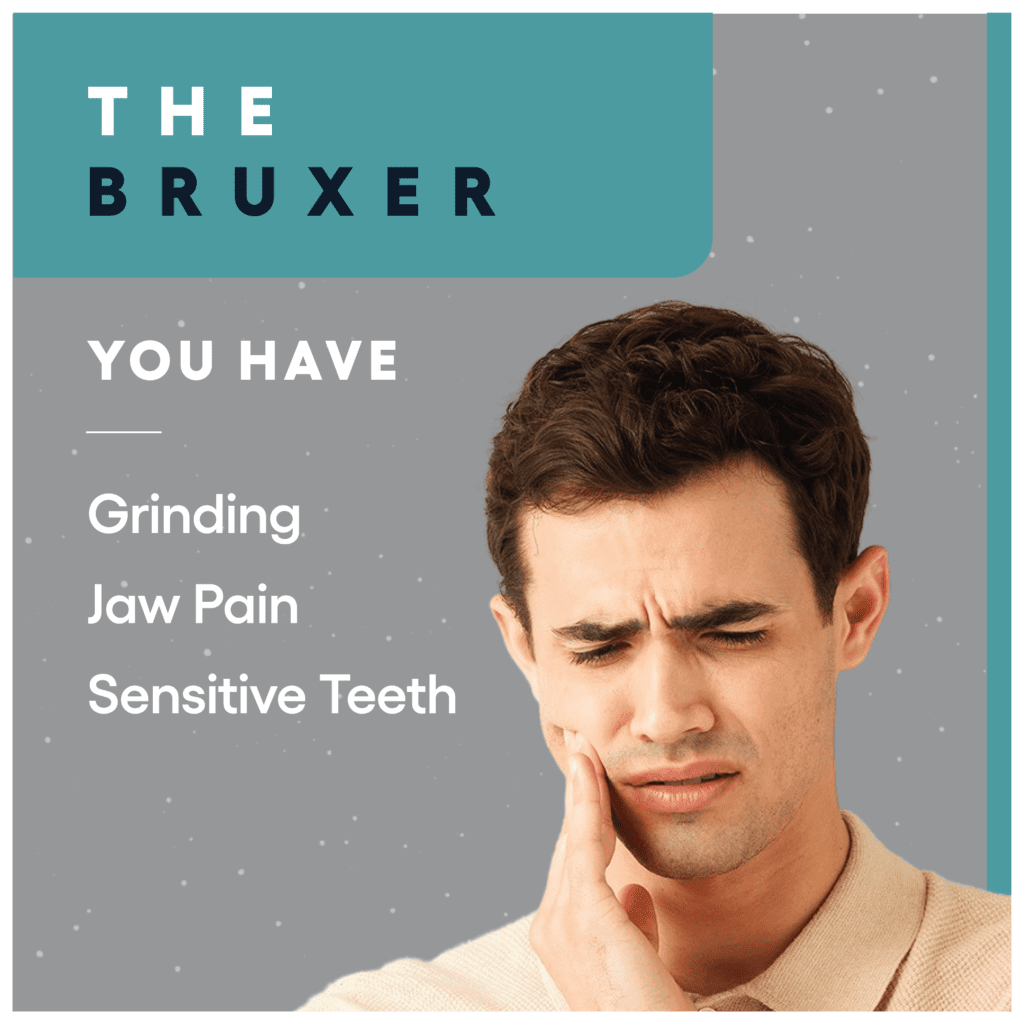 image of young man holding his jaw in pain on a gray background with text that reads: The Bruxer. You have Grinding Jaw Pain Sensitive Teeth 3D printing dentist in Indianapolis Indiana