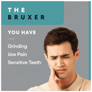 image of young man holding his jaw in pain on a gray background with text that reads: The Bruxer. You have Grinding Jaw Pain Sensitive Teeth 3D printing dentist in Indianapolis Indiana